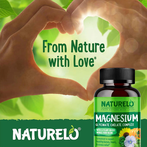 NATURELO Magnesium Glycinate Chelate Complex, 200 mg with Organic Vegetables for Sleep and Stress Relief