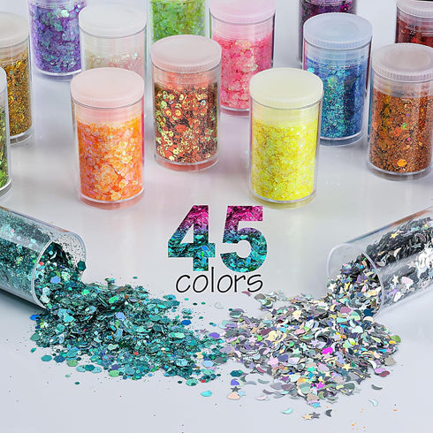 Holographic Chunky and Fine Glitter Mix, 45 Colors for Epoxy Resin Arts, Nail Glitter, Cosmetic and Body Glitter