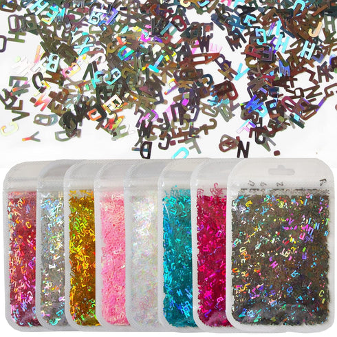 LoveOurHome 8 Colors Holographic Letter Chunky Glitter Flakes, Number Shaped Confetti for Nail Art and Resin Crafts