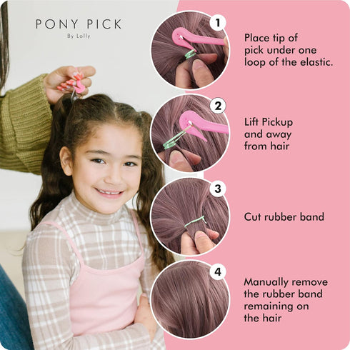 THE PONY PICK Hair Elastic Rubber Bands Cutter Tool - Easy, Pain Free, No Hair Damage (3 Packs & 50 Elastics)