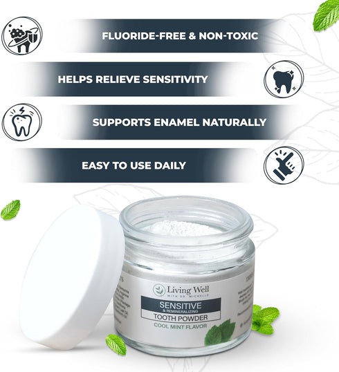 Living Well with Dr. Michelle Sensitive Remineralizing Tooth Powder | Fluoride-Free Hydroxyapatite Formula | Supports