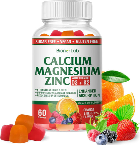 Calcium Magnesium Zinc Gummies - High Potency with Vitamin D3 & K2, Enhanced Absorption, Orange and Berry Flavored