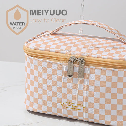 KITENROM Preppy Makeup Bag, Travel Cosmetic Bags for Women, Multi-color Checkered Small Pouch, Waterproof (Pink