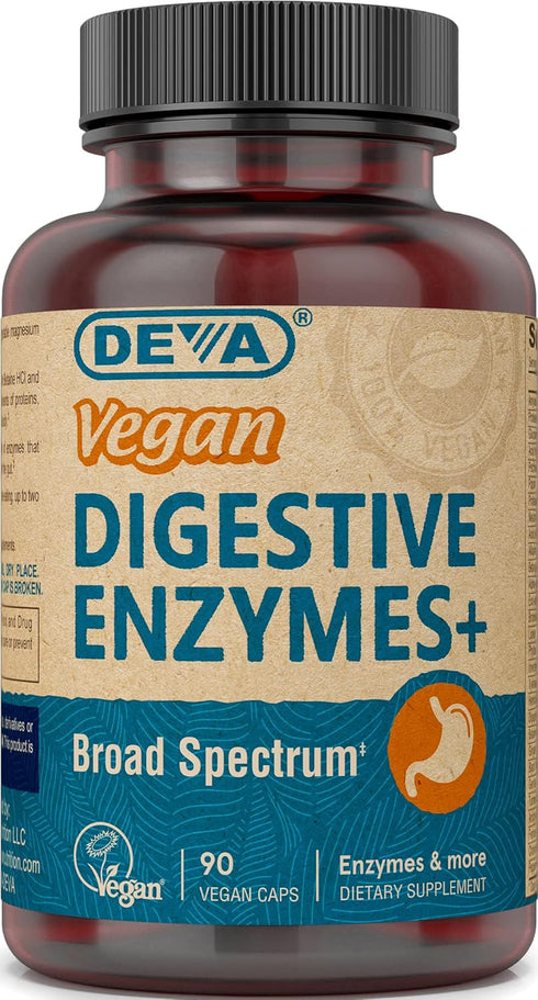 DEVA Vegan Vitamins Digestive Enzymes Plus Supplement, 90 Capsules, 1-Pack, Unique Blend of Enzymes & Herbs