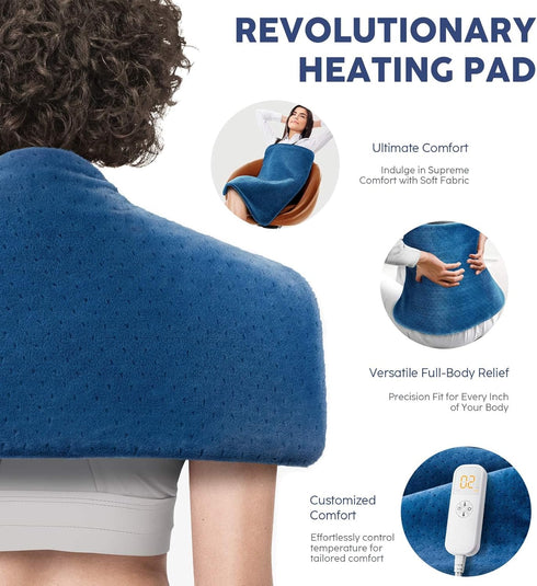 Electric Heating Pad for Back Pain Relief, 33"x 17" for Shoulder, Neck, Cramps, 6 Heat Settings, Auto-Off