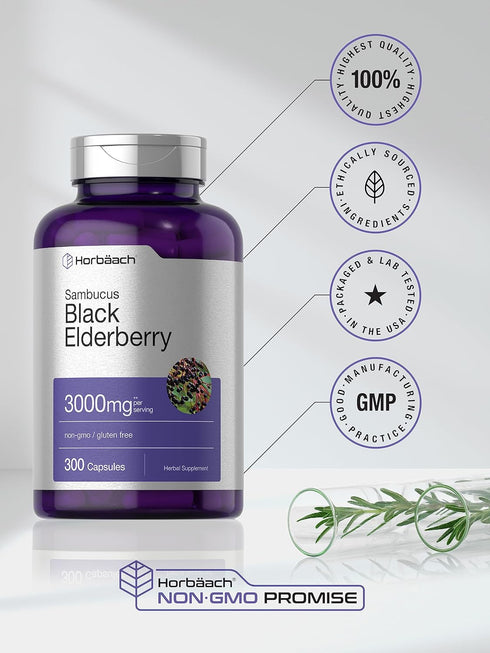 Horbaach Black Elderberry | 3000mg Capsules | 300 Count | Non-GMO, Gluten Free Sambucus Supplement