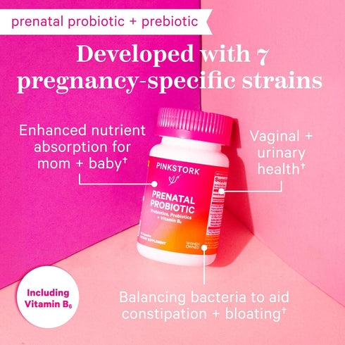 Pink Stork Prenatal Probiotics for Women - Morning Sickness, Gut Microbiome, and Immune Support - Pregnancy Probiotic with Prebiotics and Vitamin B6 - Pregnancy Must Haves, 30 Capsules