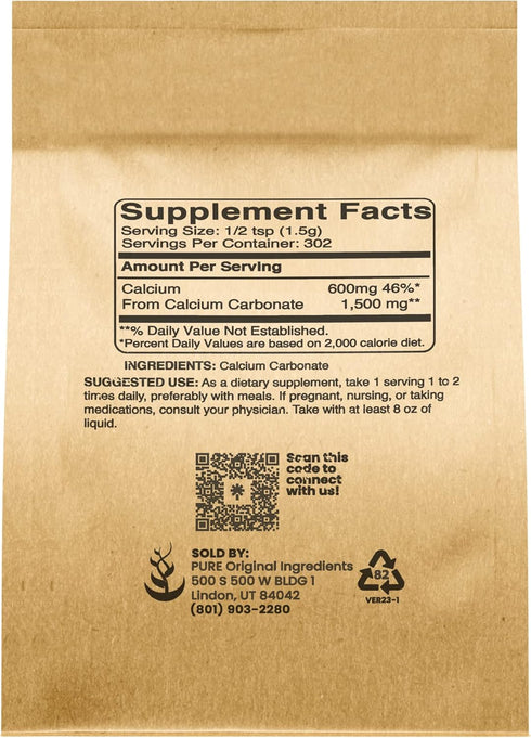 Pure Original Ingredients Calcium Carbonate (1 lb) Dietary Supplement, Food Preservative, Acid Neutralizer