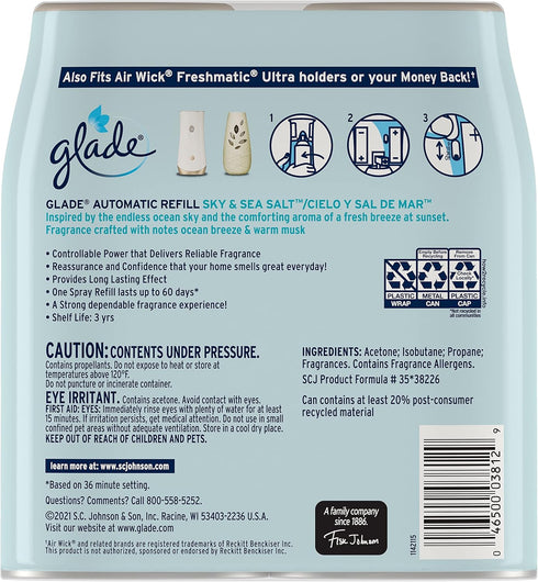 Glade Automatic Spray Refill, Sky & Sea Salt, 6.2 Oz, 2 Count Air Freshener for Home and Bathroom