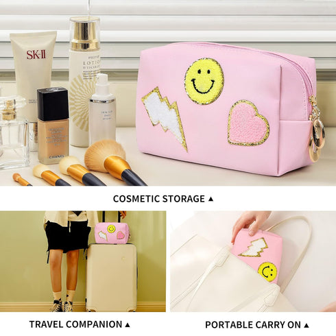 Preppy Patch Makeup Bag, Smile Lightning PU Leather Waterproof Cosmetic Bag for Girls, Travel Organizer, Pink