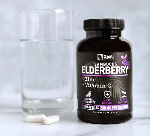 Zeal Naturals Max Strength Elderberry Capsules + Zinc + Vitamin C, 500mg for Immune System Support, 100 Count