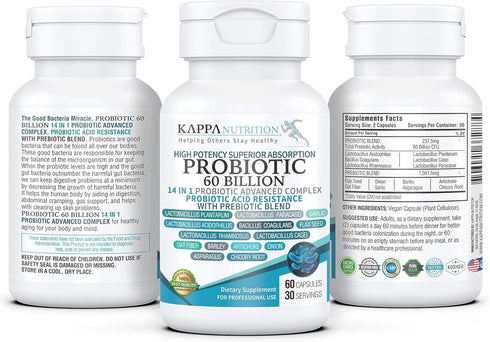 KAPPA NUTRITION Probiotic 60 Billion CFU - 14 in 1 Probiotic for Women, Men & Adults, Natural, Shelf Stable