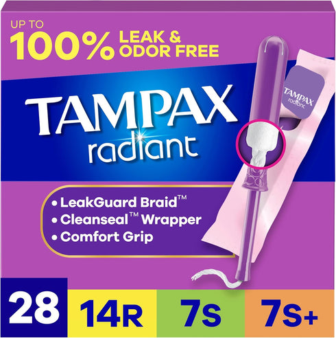 Tampax Radiant Tampons for Women Multipack, with LeakGuard Braid, Regular/Super/Super Plus Absorbency,
