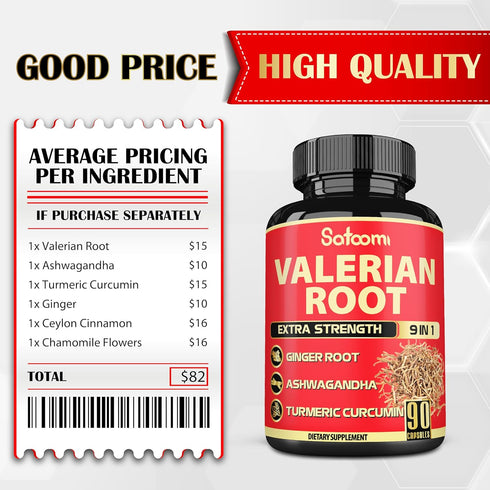 Valerian Root Capsules - 9 Natural Herbs including Ashwagandha, Turmeric, Ginger, Ceylon Cinnamon (90 Caps)