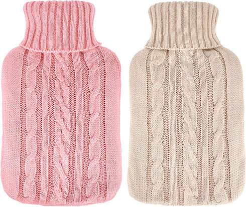 2 Pieces Knitted Hot Water Bottle Cover, Soft Sweater for Hot Compress and Cold Therapy (Pink, Khaki)