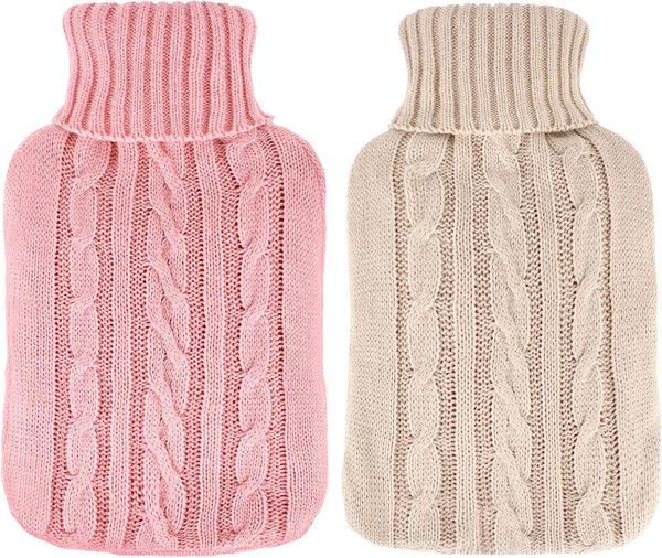 2 Pieces Knitted Hot Water Bottle Cover, Soft Sweater for Hot Compress and Cold Therapy (Pink, Khaki)