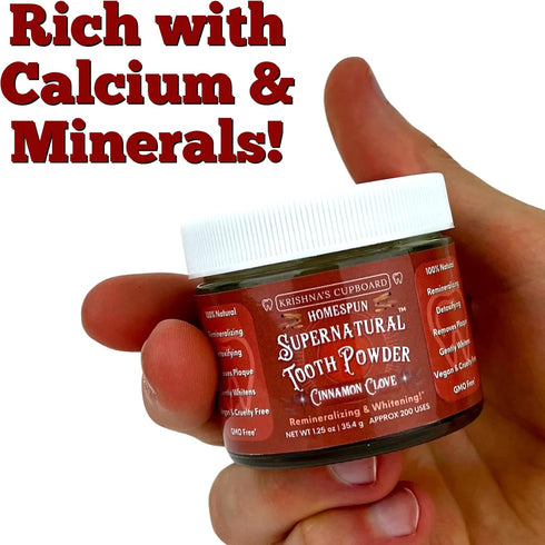 Krishna's Cupboard Supernatural Organic Tooth Cleaning Powder, All Natural, Stain Remover, Remineralizing & Teeth Whitening, Fluoride Free Vegan Sensitive Teeth Powdered Toothpaste, Cinn/Clove 1.25 oz