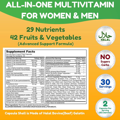 Halal Multivitamins for Women, Men & Adults, 30 Servings, Iron, Vitamins A, B6, B12, C, D3, E, Zinc & More