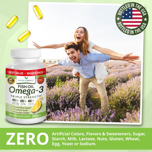 Best Triple Strength Omega 3 Fish Oil Pills - 180 Capsules, 2400mg High Potency Burpless Lemon Flavor for Heart Health