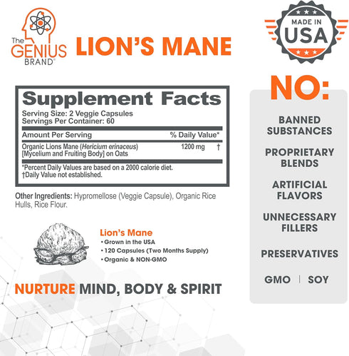 Genius Lions Mane Supplement Capsules - Organic Nootropic Supplement, 1200mg per Serving – 120 Veggie Pills