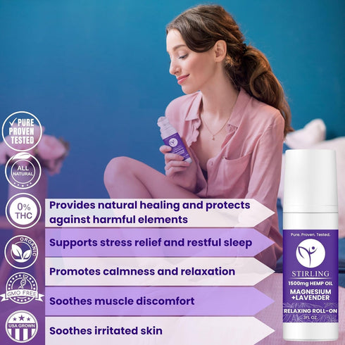 STIRLING Lavender Roll On Lotion - 1500mg Pure Hemp + Dead Sea Magnesium for Relaxation & Better Sleep