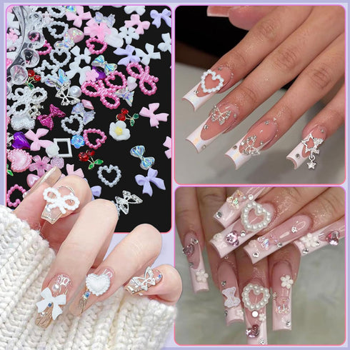 Variety 3D Nail Charms: Rhinestones, Butterfly, Star, Bowknot, Tiny Flower, Heart, Cherry for Manicure DIY Accessories