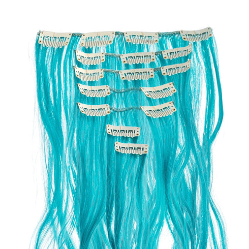 SWACC 7 Pcs Full Head Party Highlights Clip-On Hair Extensions, 20-Inch Curly, Teal Blue