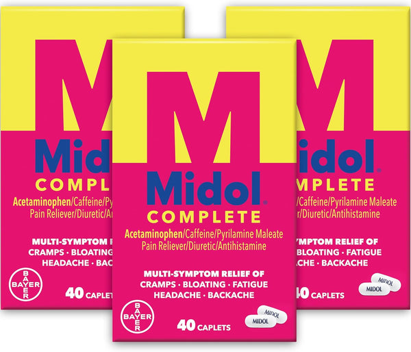 Midol Complete Menstrual Pain Relief Caplets with Acetaminophen for Period Cramps, 40 Count (Pack of 3)