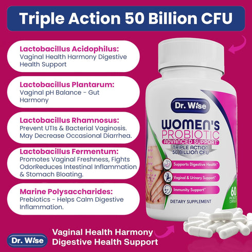 Dr. Wise Probiotics for Women - 50 Billion CFU for Digestive, Vaginal, Urinary & Gut Health, Acidophilus, Reuteri, 60