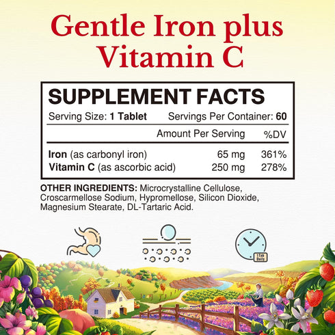 Vitalitown Iron 65 mg, Carbonyl Iron with 250 mg Vitamin C for Enhanced Absorption, Blood Builder & Energy Support for Iron Deficiency & Anemia, Less Constipation, No Gluten, Non-GMO, 60 Vegan Tablets