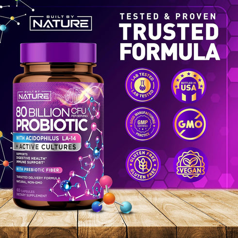 80 Billion CFU Probiotic - Daily Digestive Supplement for Men & Women, Non-GMO, Gluten & Dairy Free, 60 Capsules
