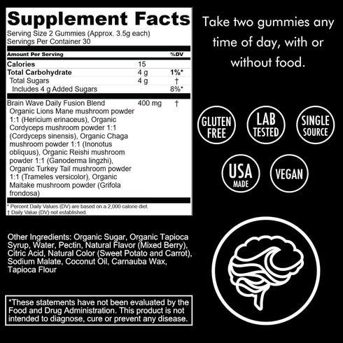 BRAIN WAVE Superfood Mushroom Gummies - Daily Multi Mushroom Supplement - Lions Mane, Reishi, Cordyceps, Turkey Tail,