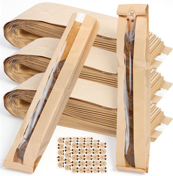 Kegeeei 150 Pack Baguette Bags with Clear Front Window and 150 Seal Stickers,