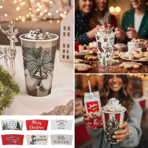 Suttmin 36 Sets/ 108 16 oz Pcs Christmas Tree Paper Cups Disposable Coffee Cups with Lids and Sleeves Xmas Hot Cocoa