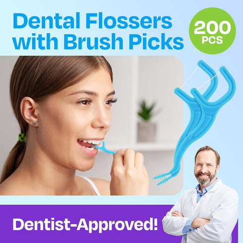 Trueocity Dental Flossers - 4 Pack with Travel Case (200 Total Count), Mint Flavored, Easy Grip, Prevents Tooth Decay