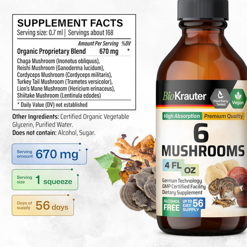 BIO KRAUTER 6-in-1 Mushrooms Supplement - Liquid Extract of Lions Mane, Shiitake, Turkey Tail, Cordyceps, Reishi &