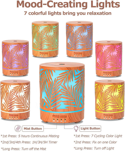 Office,300ML Essential Oil Diffuser Metal Aromatherapy Oil Diffusers for Large Room,Water Plants Pattern Ultrasonic
