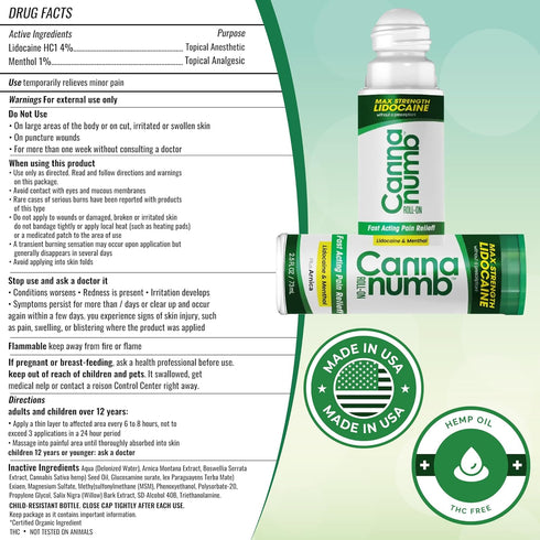 Hemp Oil Pain Relief Roll-On - Fast Acting with Lidocaine, Arnica, Boswellia, Menthol for Arthritis and Joint Pain