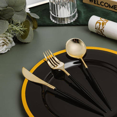 N9R 90PCS Gold Plastic Silverware Set with Black Handle, Heavy Duty Fancy Plastic Cutlery for Birthday and Everyday Use