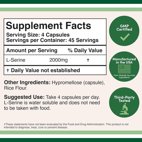 L-Serine Capsules (Third Party Tested) - 2,000mg Servings Used in Clinical Study, 180 Count, 500mg per Capsule (L Serine Amino Acid for Serotonin Production and Brain Support) by Double Wood