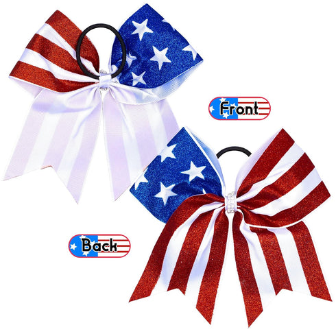 Whaline 4th of July Glitter Cheer Hair Bows - 8 Inch Patriotic Hair Accessories with Elastic Ponytail Holder, 4Pcs