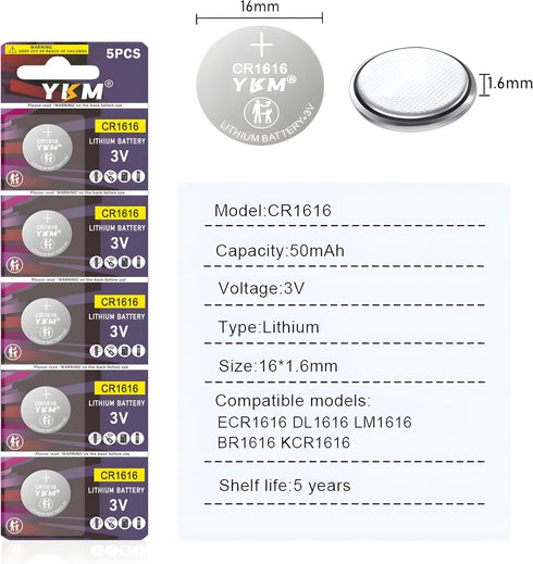 5 Pack CR1616 Battery DL1616 ECR1616 1616 3V Lithium Coin Cell Battery Replacement for Car Remote Key Fob Watch Scale Button Battery