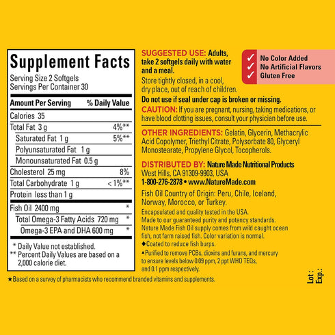 Nature Made Burp Less Fish Oil 1200 mg - 60 Softgels, Omega 3 Fish Oil for Healthy Heart Support, 30 Day Supply
