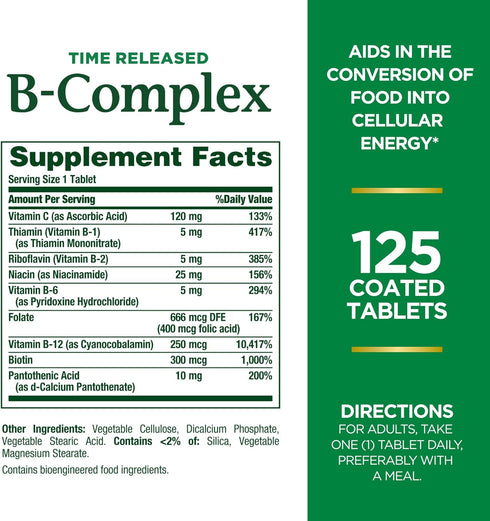 Nature's Bounty Vitamin B-Complex, Time Released Supplement with Folic Acid Plus Vitamin C, Supports Energy Metabolism and Nervous System Health, 125 Count