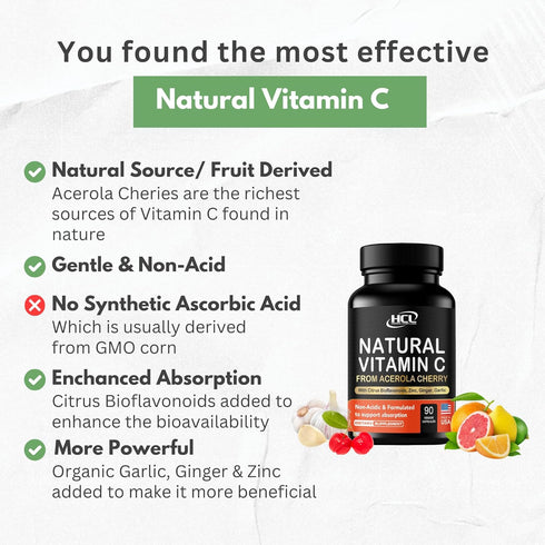 Natural Vitamin C from Organic Acerola Cherry - High Absorption with Garlic Ginger & Citrus Bioflavonoids for Immune