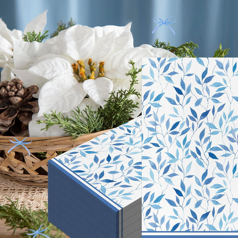 KTHONIOMANTE 200PCS 2 Pack, 4.5x8 Inch Blue & White Guest Paper Napkins, Ply Disposable Paper Blue Leaves Dinner Hand