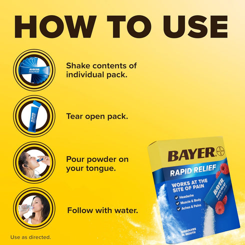 Bayer New Rapid Relief Powder Packs with Aspirin & Caffeine, Fast Acting Pain Relief, Raspberry Flavor