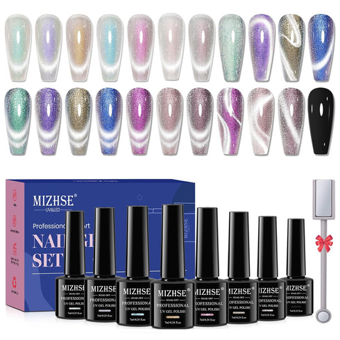 MIZHSE Cat Eye Gel Nail Polish Set - 8 Colors with Magnet Stick, Shiny Glitter Soak Off Gift