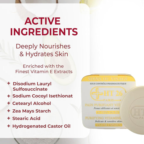 HT26 Purifying Soap Vitamined Bar for Melanin Rich Skin - Gentle Cleansing Vitamin E Soap with Castor Oil - 150g