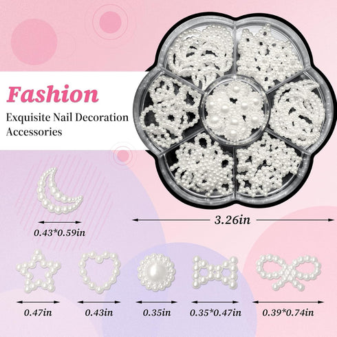 LuckForever 3D Nail Charms, Cute Star Moon Bow Heart Charm Kit, White Bow-Know Stars Heart Pearl Studs for Nail Art